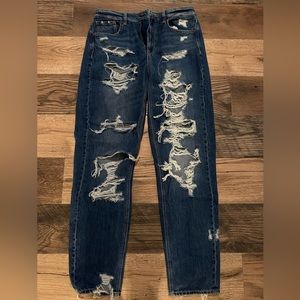 dark blue american eagle stretch mom jeans